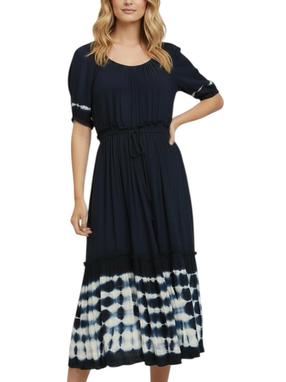 NWT KAREN KANE Short Sleeve Tie Dye  Tie Belt Ruffle Layered Dress Size Small